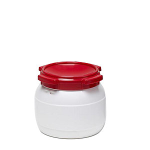 Weithalsfass mit Schraubdeckel, weiß / rot, Volumen 10 l, Höhe 239 mm.